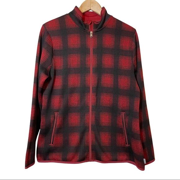 Eddie Bauer Red Black Buffalo Plaid Zip Up Mock Neck Pocket Jacket Large - Picture 1 of 5